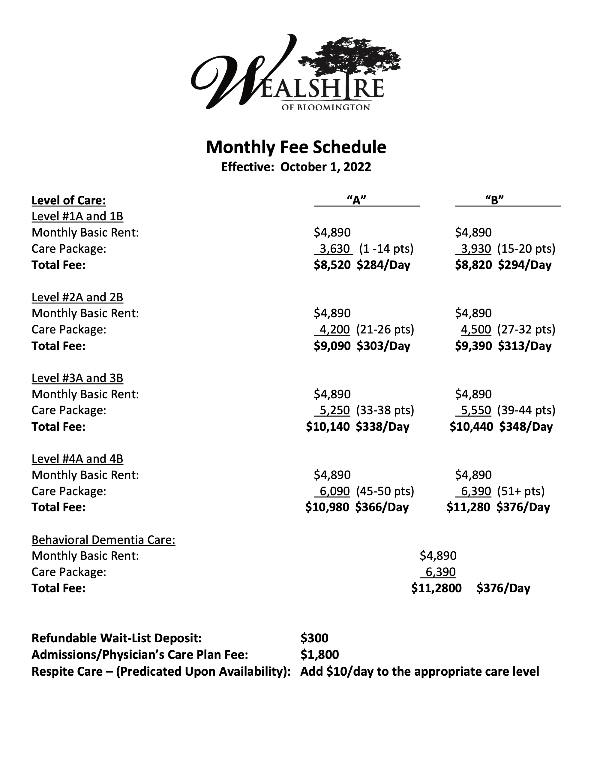 Wealshire of Bloomington Fees